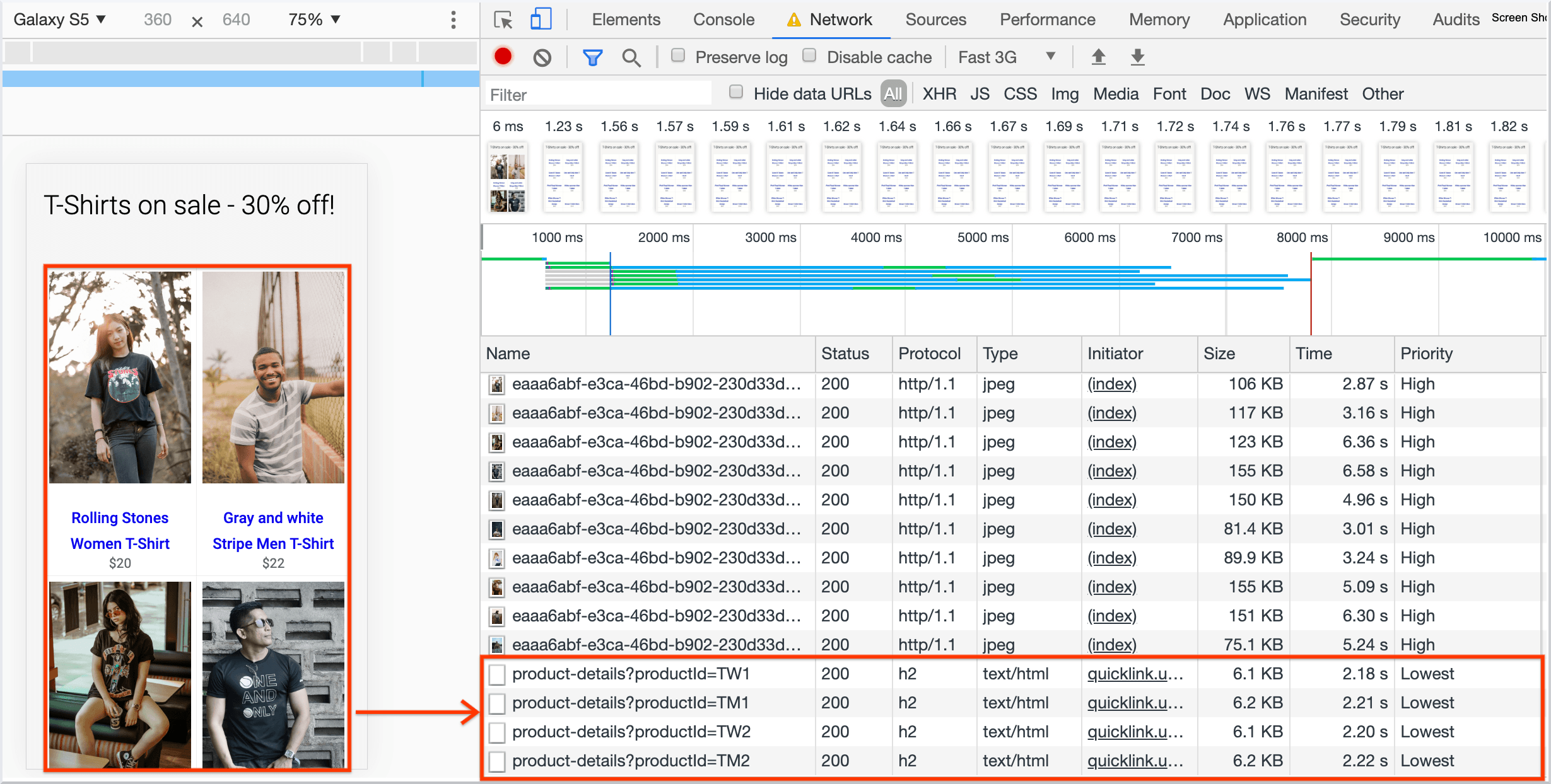 Image shows chrome dev tools inspection for site using quicklink