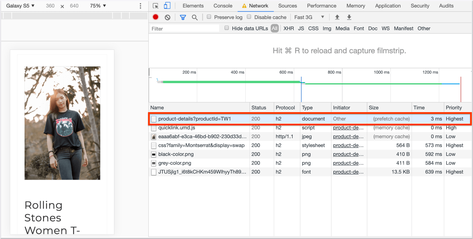 Image shows the site using quicklink along with prefetch cache improves data fetching time by 97 percent