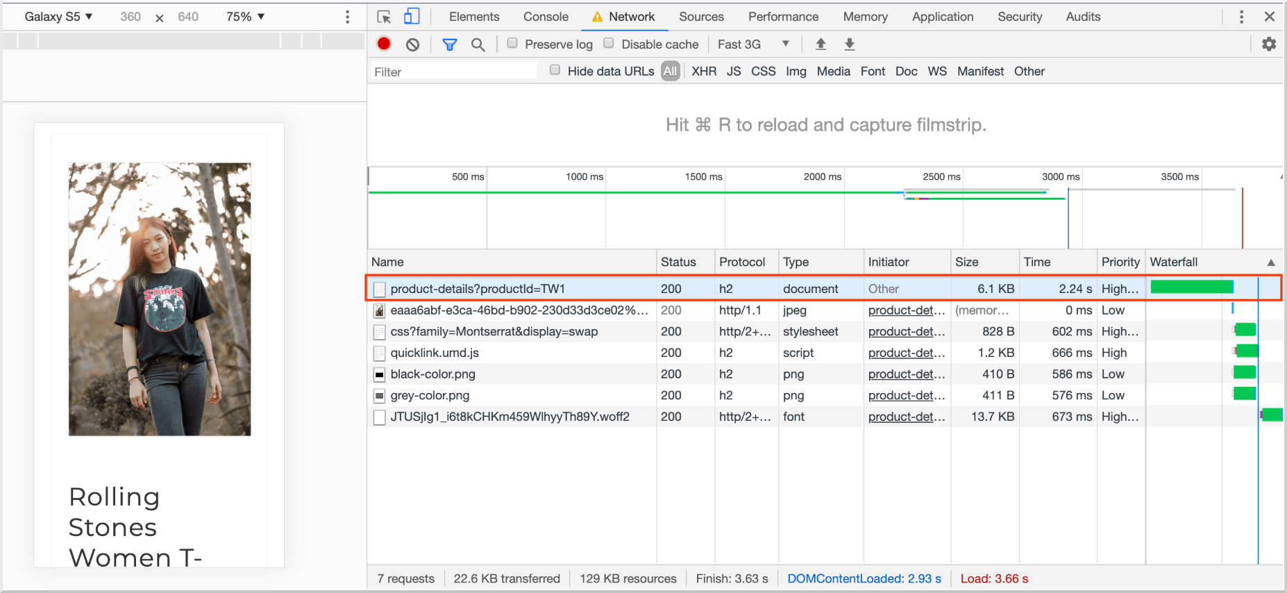 Image shows chrome dev tools inspection for site not using quicklink