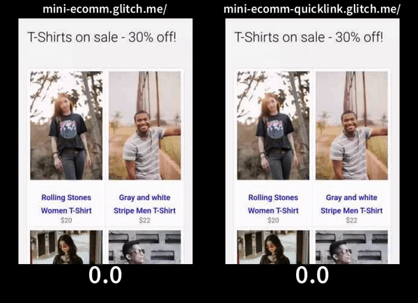 The gif shows comparison between same site being loaded with quicklink takes 1 second less than unoptimised version